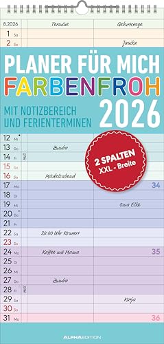 Alpha Edition - Planer für mich Farbenfroh 2026 – Familienkalender 22×45 cm mit 3 Spalten & Ferienterminen, dekorativer Wandplaner für Familie, Büro & persönliche Organisation, deutschsprachig