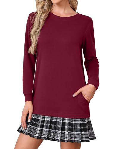 PrinStory Rot Kleider Für Damen Winter Faltenkleid Pulloverkleid Mit Taschen Elegant Schickes Minikleid (Weinrot, M)