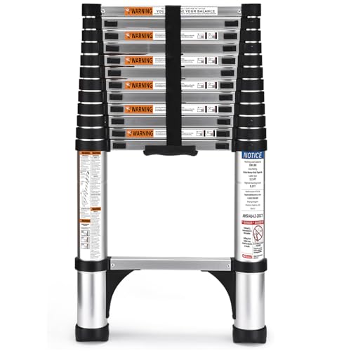 HBTower Teleskopleiter 3,8 m aus Aluminium, Klappbare Ausziehleiter mit Rutschfesten Füßen, Robust & Tragbar, Tragkraft 150 kg, Ideal für Dachrinnenreinigung & Außenreparaturen, Silber