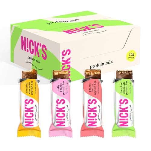 NICKS Protein Riegel Mix Box ohne zusatz von Zucker – 15g Eiweiß 30% – Kalorienarm – 4 Sorten Keto Proteinriegel mit Ballaststoffen & 5g Kollagen – Glutenfrei, Gesunde Low Carb Snack ohne Palmöl 9x50g
