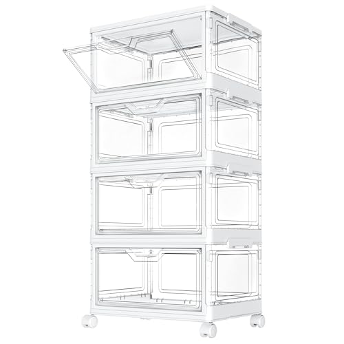 StowBin Aufbewahrungsboxen mit Deckel – 4-Stöckige Stapelbare Kunststoffboxen, 23L Transparent, Große Organizer-Behälter für Schlafzimmer, Wohnzimmer, Badezimmer, 4 Schichten und 1 Deckel