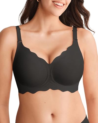 SHARICCA Glatter BH Damen Ohne Bügel Tiefem V-Ausschnitt Push Up BHS Bralette Soft Bequem BH Bügellos Bustier(Schwarz-1P02-L)