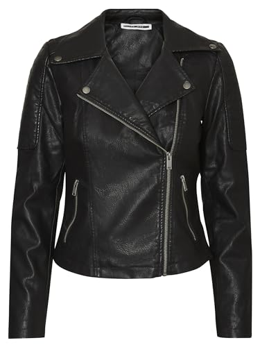 Noisy may Damen Kunstleder Jacke Biker Jacket Übergangsjacke Langarm Shacket PU Coated NMREBEL, Farben:Schwarz-2, Größe:M