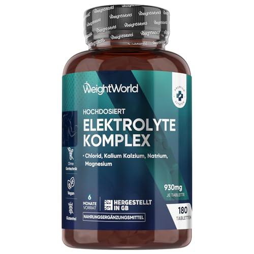 Elektrolyte Tabletten - 930mg pro Portion - mit Magnesium, Kalzium, Kalium, Natrium & Chlorid - 180 vegane Tabletten - Electrolyte Tablets Komplex - Glutenfrei - Ohne Gentechnik - WeightWorld