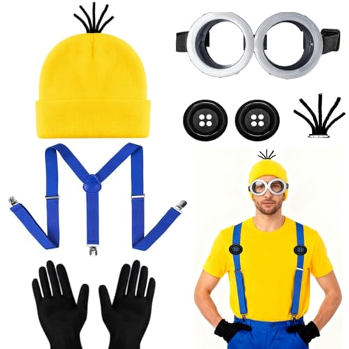 Humairc Halloween Kostüm Damen Kinder Halloween Mütze Cosplay Brille Handschuhe Knöpfe Hosenträger Halloween Kostüm für Damen Kinder (Blau)