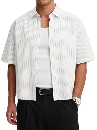 HAWILAND Oversize Hemd Herren Kurzarm Sommerhemd Gestreiftes Boxy Fit Freizeithemd Vintage Festival Streetwear Weiß L