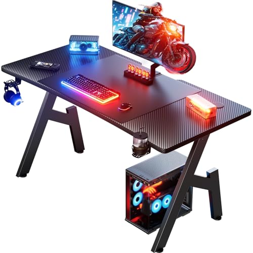HLONONE Gaming Tisch 120 x 60 cm, Gaming Schreibtisch, Stabiler PC Schreibtisch mit Kohlefaserbeschichtung, Ergonomischer Computertisch mit Kopfhörerhaken und Getränkehalter, Schwarz