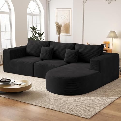 Hawthyhome Sofa mit Schlaffunktion rahmenloses Ecksofa L-Form Couch Installation-Free Cordstoff Ecksofa mit Rechts-Chaiselongue für Wohnzimmer 3 sitzer 264x177x59cm Schwarz