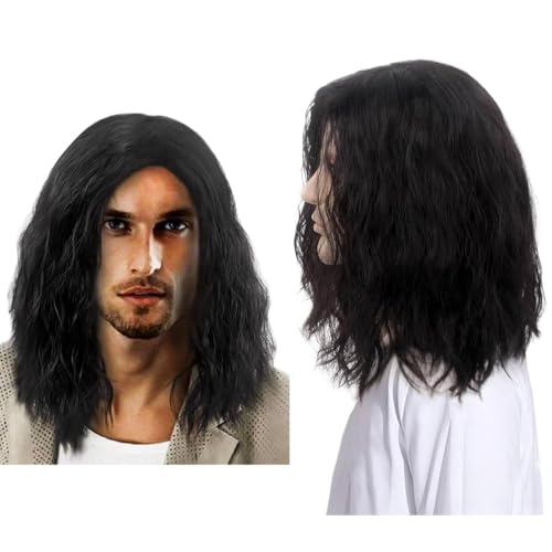 SDXCJY Langer schwarzer Männer-Perücke mit mittlerer Länge und lockigen Haaren, Kostüm-Perücke für die 70er und 80er Jahre, geeignet für tägliche Kostümpartys und Halloween (Schwarz)