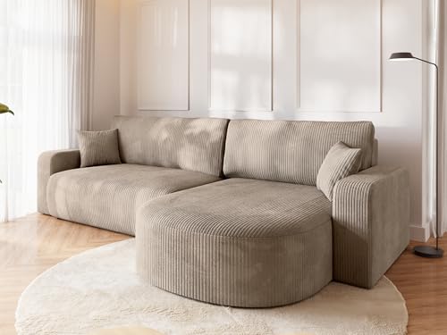 BROMARKT Ecksofa mit Schlaffunktion und Bettkasten Cordstoff Sofa Dreisitzer Schlafsofa Eckcouch Relaxsofa für Wohnzimmer Wohnlandschaft L-Form Bisk 275x170x85cm Beige