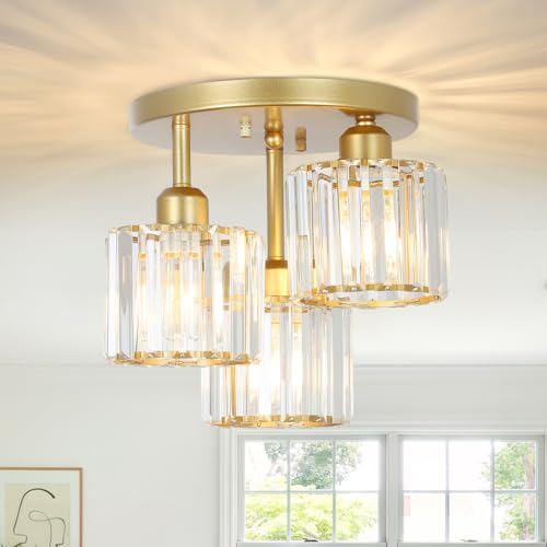 Rayofly Modern Kristall Kronleuchter, 3-flammig Kristall Deckenleuchte mit Glas Lampenschirm, Modern Deckenlampe Wohnzimmer, Glas Deckenleuchte für Schlafzimmer, Küche, Flur, Badezimmer, Matte Gold