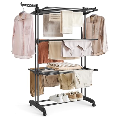 SONGMICS Wäscheständer, Standtrockner 4 Ebenen, Flügelwäscheständer, klappbare Flügel, mit Rollen, 63,5 x 128 x 173 cm, groß, einfacher Aufbau, tintenschwarz LLR701B01