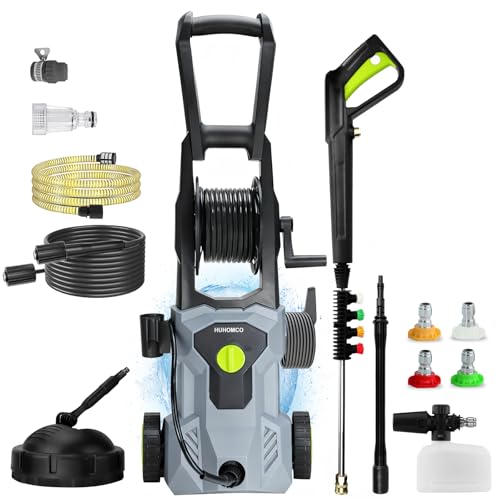 2025 Verbesserter 180 Bar Hochdruckreiniger mit 4 Düsen & 500ml Schaumtopf | Komplett-Set inkl. Schlauchtrommel & Bodenbürste | 50 m²/h, 540 L/h für alle Alltagsreinigung, Electric Pressure