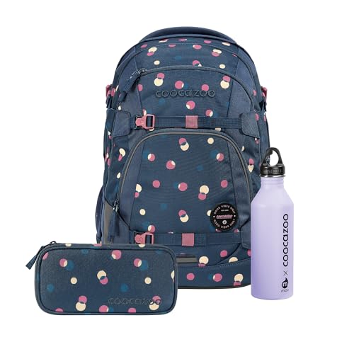 Coocazoo Schulrucksack-Set Mate „Bubble Dreams“ 3-teilig, lila-rosa, ergonomischer 30L Tornister, mit Brust- und Hüftgurt für Kinder ab der 5. Klasse, inkl. Mäppchen und Edelstahl-Trinkflasche
