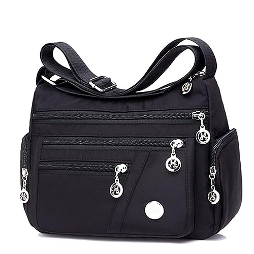Wination Nylon Oxford Umhängetasche Damen, Wasserfeste Crossbody Handtasche mit 8 Fächern, Reißverschluss Diebstahlschutz Messenger Tasche, Waschbar Freizeittasche für Alltag Einkauf Reise (Schwarz)
