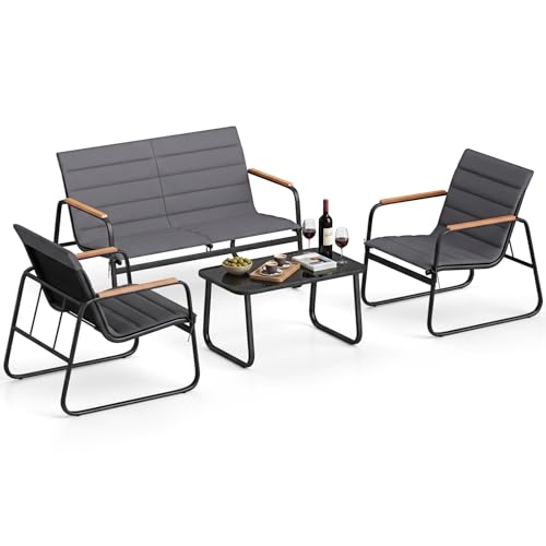 COSTWAY Gartenmöbel Set, Outdoor Lounge Möbel, Balkonmöbel Kleiner Balkon, Sitzgruppe mit 2 Stühlen, Bank, Tisch und Kissen, Sitzgarnitur, Terrassenmöbel, Gartengarnitur für Balkon, Terrasse, Garten