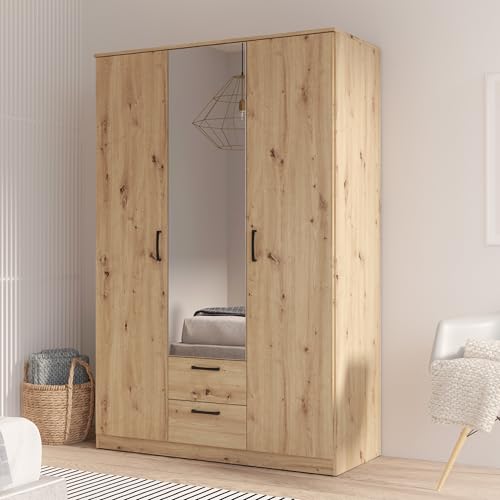 Forte NIKO Kleiderschrank 120 130, moderner Schrank 2-türig, Schlafzimmer, Jugendzimmer, Kinderzimmer, Holzwerkstoff, Artisan Eiche Holzdekor mit Spiegel, 122 cm breit x 185 cm hoch x 52,7 cm tief