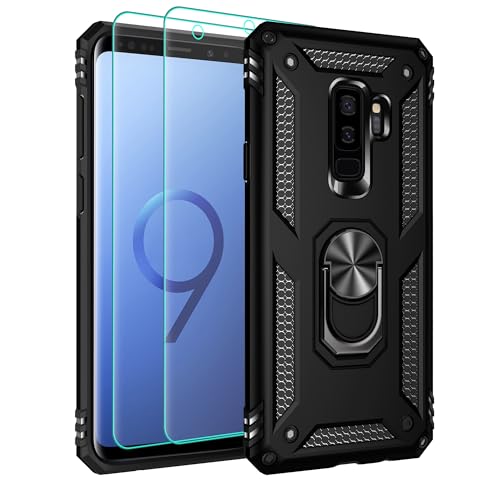 Handyhülle für Samsung Galaxy S9 Plus Hülle : 14 Fuß Fallschutz nach Militärstandard Hülle mit Schutzfolie,360° Metall Ring Ständer,Stoßfest/Kratzfest/Fallsicher Schutzhülle für Galaxy S9 Plus-Schwarz