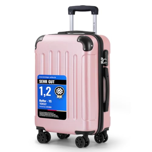 YONSLY Koffer Suitcase M Roségold, Trolley Reisekoffer, Rollkoffer Handgepäck, Kabinenkoffer mit 4 Rollen 360°, Hartschalenreisekoffer, Zahlenschloss, Weicher Gummigriff