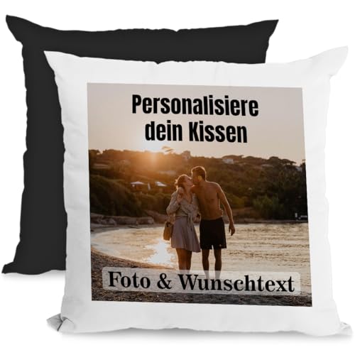 Personalisiertes Kissen 40x40 cm mit Foto & Kissenfüllung – Individuelles Fotokissen mit Bild – Personalisiertes Geschenk für Frauen, Männer & Freundin – Dekokissen & Kuschelkissen, Weiß/Schwarz