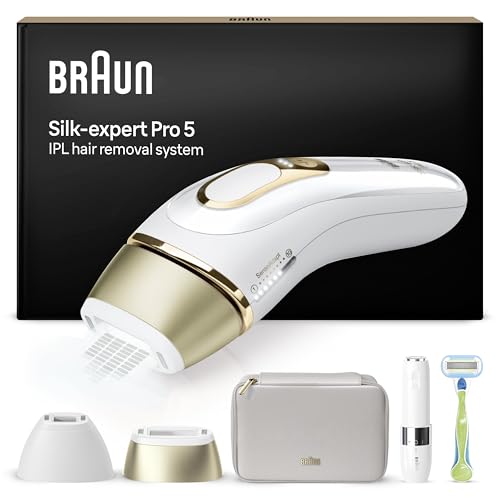 Braun IPL Silk·expert Pro 5 – IPL Geräte Haarentfernung, Dauerhafte und Schmerzfreie Haarentfernung für Zuhause – inkl. Etui, Venus Rasierer, 2 Aufsätze, Designed In Germany – PL5156, Weiß/Gold