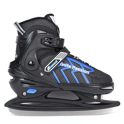XIUWOUG Verstellbar Eishockey Schlittschuhe für Herren Damen Erwachsene Kinder, Edelstahl Ice Skates, Eislaufschuhe mit Schnellschnürsystem & Push-Lock-Schnalle für Sicheren Halt,Schwarz blau,L39_42
