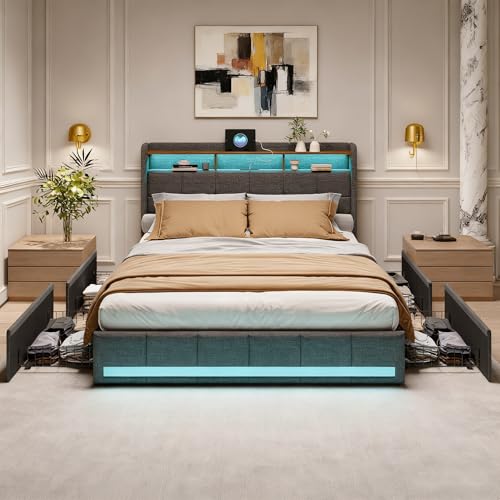 BRYXR Boxspringbett 140x200 mit Lattenrost,Stilvolles Polsterbett mit Stauraum, 4 Schubladen, Individueller LED-Beleuchtung, USB und Typ-C-Anschlüssen, Modernes Graues Design für optimalen Komfort