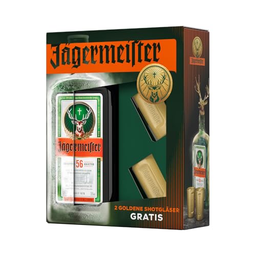 Jägermeister Geschenkset – 1 x 0,7l Premium Kräuterlikör 35% Vol. mit 2 goldenen Shotgläsern à 2cl – 56 erlesene Kräuter – Kalt mazeriertes Elixier – Im Eichenfass gelagert