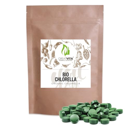 GreatVita Bio Chlorella Tabletten ca. 1600 Stück - 500 mg | 800g reine Algen-Presslinge, ohne Zusätze | Vegan & Nachhaltig verpackt | Reich an Chlorophyll & Carotinoiden