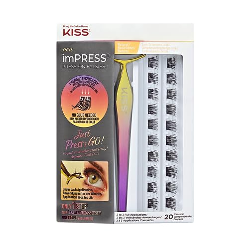 KISS imPRESS Falsies Press On Lashes Selbstklebende Wimpern 1-Step, Natural Volume, Schwarz, Kein Kleber erforderlich, Wimpernverlängerung DIY, 20 Wimpernbüschel und Applikator – Natural