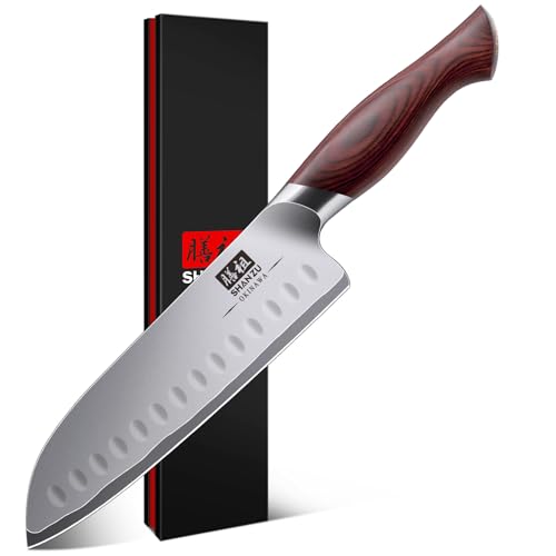 SHAN ZU Profi Santoku Messer küchenmesser 18cm - Japanischer Hochcarbonstahl 10Cr15Mov mit 12° extrem scharfer Klinge & Ergonomischem Pakkaholzgriff - Kochmesser für Fleisch, Gemüse, Fisch