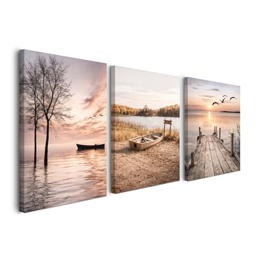 Alptiny Set von 3 Landschaft Wandbilder 30x40 cm, Naturbilder mit Boot, Bäumen und See, Leinwandbilder für Wohnzimmer, Mit Aufhängehaken und Nägeln für einfache Montage