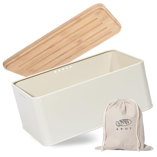 Theo&Cleo Brotkasten mit Schneidebrett , 33x21x15cm , Matte Brotbox mit Bambusdeckel und Leinen Brotbeutel , Rundum Belüftung , Brotkorb für langanhaltende Frische (Beige)