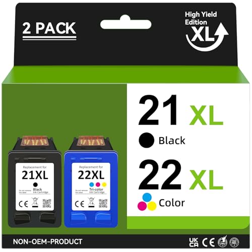 Inkwood 21 22 Schwarz Farbe Tintenpatrone Ersatz für HP 21XL 22XL Druckerpatronen für HP PSC 1410 DeskJet D1530 D1560 D2360 D2460 F335 F380 F390 F2180 F2290,für OfficeJet 4315 4355 Druckers