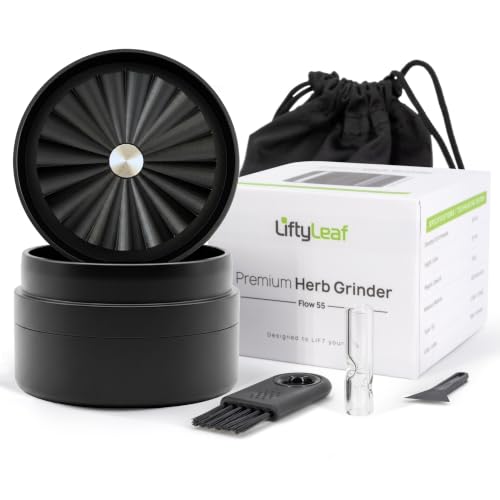 LiftyLeaf Flow 55 Kräutermühle 55 mm – Premium Grinder Set 3-teilig aus Aluminium, Zahnloses Design ohne Verstopfen, Metall Grinder mit Magnetverschluss, Kompakt Schwarz