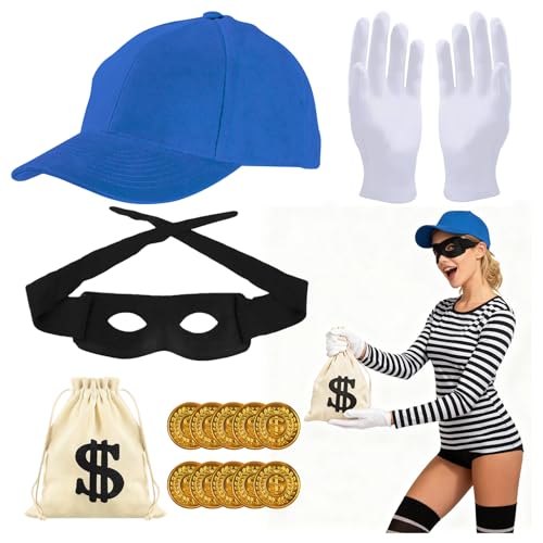 RAOPNHS Räuber Kostüm Set, Panzerknacker Kostüm Accessoires inkl. 10 Goldmünzen Handschuhe und Augenmaske, Karnevalskostüme Herren für Mottoparty und Halloween