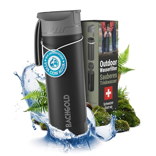 Bachgold® Profi Outdoor Wasserfilter Flasche [500ml] mit 1500L Filterkapazität I Entfernt 99,99% aller Bakterien und filtert Mikroplastik, Partikel und Chlor I Blackout- & Krisensicher (Schwarz 500ml)