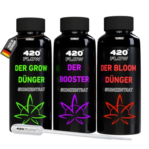 420Flow® Dünger Set Indoor & Outdoor – Hanfdünger für Wachstumsphase & Blütephase Grow, Bloom & Booster Flüssigdünger Komplettpaket Nährstoffversorgung Starter Set (250ml)