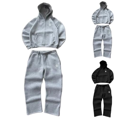 Generisch Jogginganzug Herren Set Tracksuit Damen Baggy Zip Hoodie und Jogginghose Trainingsanzug Sportanzug 2 Teiler Freizeitanzug Hip Hop Y2K Streetwear Fitnessanzug Männer Activewear Hausanzug