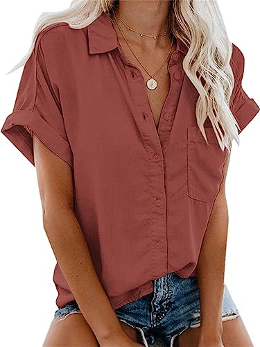 Friptspyg Bluse Damen Lässiges Kurzarm Hemdbluse Sommer V-Ausschnitt 100% Baumwolle Solide Blusenshirt Elegant Oberteile mit Tasche, Abschreckt L