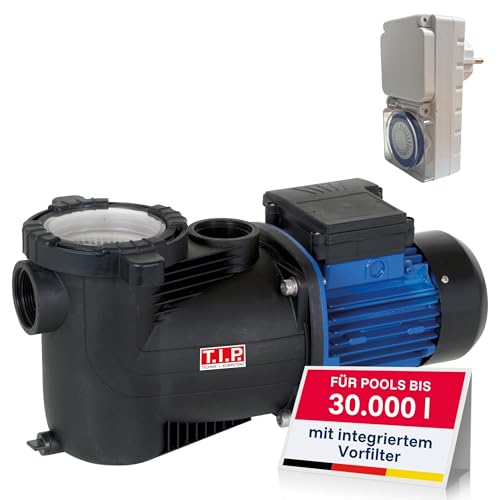 T.I.P. Poolpumpe mit Timer - Selbstansaugende Filterpumpe 10.000 l/h für 30 m³ Pools, 9 m Förderhöhe, Energieeffizient 400 W Leistung, Vorfilter integriert