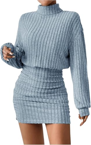 TrendiMax Damen Strickkleid Stehkragen Langarm Freizeitkleid Kurzes Party Club Kleid Herbst Enge Pullover Kleider Winterkleid (M, Hellblau)