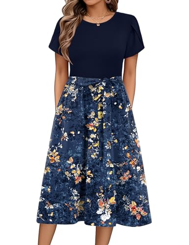 Zeagoo Damen Kleider Sommer Rundhals Blumenmuster Strandkleid Casual Wickelkleid mit Taschen Elegant Swing Kleid Knielang Kurzarm A Linie Business Kleider FloralC L