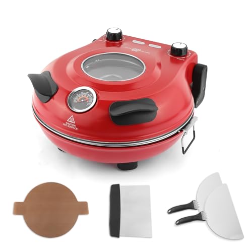 KLAIF Elektrischer Pizzaofen 420 °C, separat regelbare Ober- und Unterhitze, 31 cm Keramik-Pizzastein, inkl. 4-teiligem Pizzazubehör-Set, 1200 W, Modell LMC-Rot