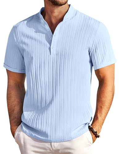 COOFANDY Herren Henley Hemd Kurzarm Leichtes Sommerhemd Hell Blau L