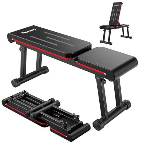 PASYOU Hantelbank Klappbar Flachbank, Verstellbare Trainingsbank Bankdrücken Bank für Zuhause mit 300KG Belastbarkeit, 6-Stufige Neigung Fitnessbank mit Doppelrahmen (PB300)