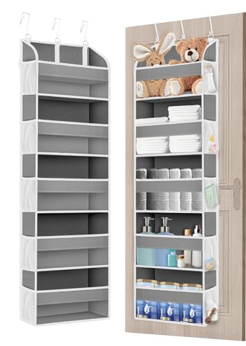 TAHAVICE 1 Packung Tür-Organizer mit 5 Taschen und 10 Netz-Seitentaschen, 20 kg Tragkraft, für Schlafzimmer, Badezimmer, Kinderzimmer, Speisekammer, Schlafsaal (hellgrau)