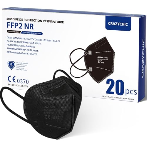 CRAZYCHIC - 20x FFP2 Maske Schwarz Atemschutzmaske - Staubschutzmaske - Mundschutzmaske 5 Lagen - EN149:2001+A1:2009 Schutzmaske Hohe Filtration Maske - Hygienisch Einzelverpackt