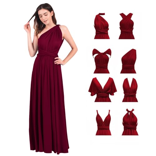 Abendkleid Lang Damen Elegant Sexy Rückenfreies Multiway Bandage Wickelkleid Festlich Hochzeitskleid Brautkleid Brautjungfernkleider Cocktailkleid Weihnachten Silvester Partykleid Ballkleid Weinrot M