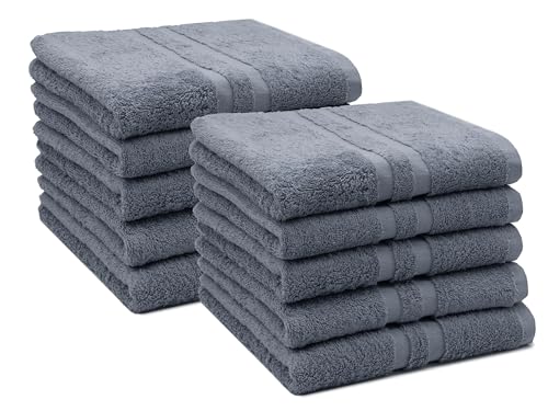 ZOLLNER 10er Set Handtücher in 50x100 cm - Flauschige Duschtücher aus Baumwolle - mit moderner Streifenbordüre - bis 60°C waschbar - mit praktischem Aufhänger - in grau - Hotelqualität